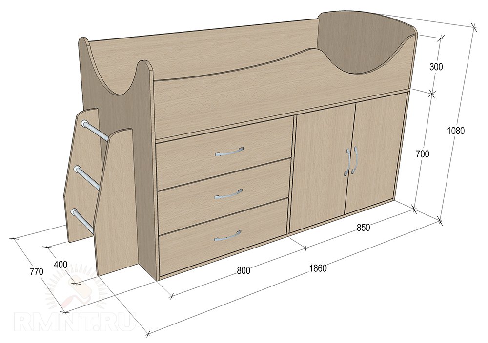 Дитяче ліжко-горище: креслення з розмірами